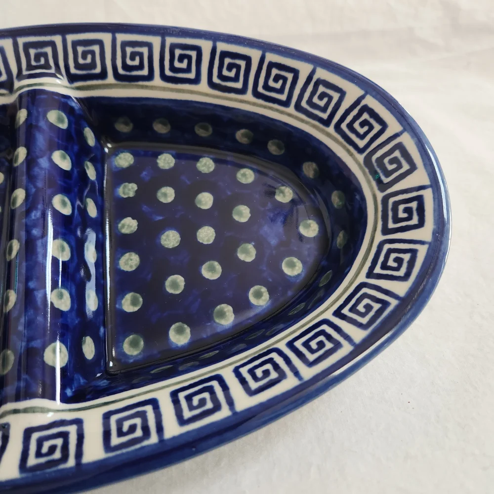 Boleslawiec Blue and Green Polish Pottery Divided Dish